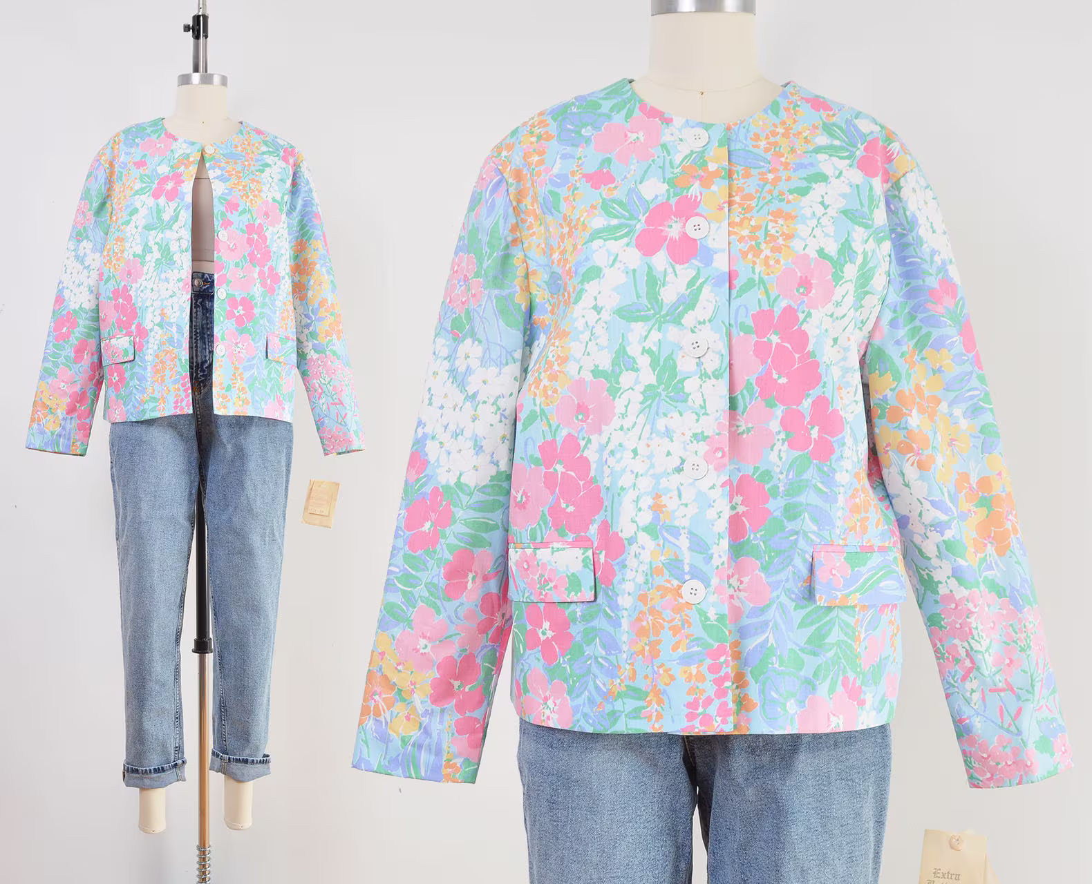 Pastel Floral Jacket | 90S Vintage Cottagecore Cotton Blend Boxy Size Medium