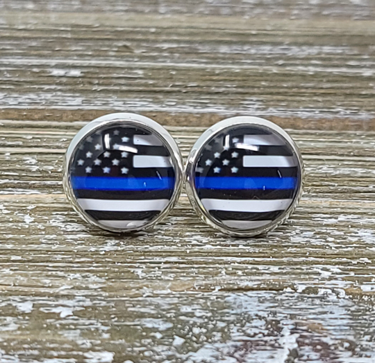 Thin Blue Line American Flag Stud Earrings, Back The Police Wife Earrings