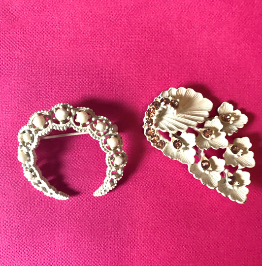 A Soulful Pairing Of Two Shabby Chic Painted White Whitewashed Metal Romantic Brooch Pins With Pink Rhinestone & Cabochons