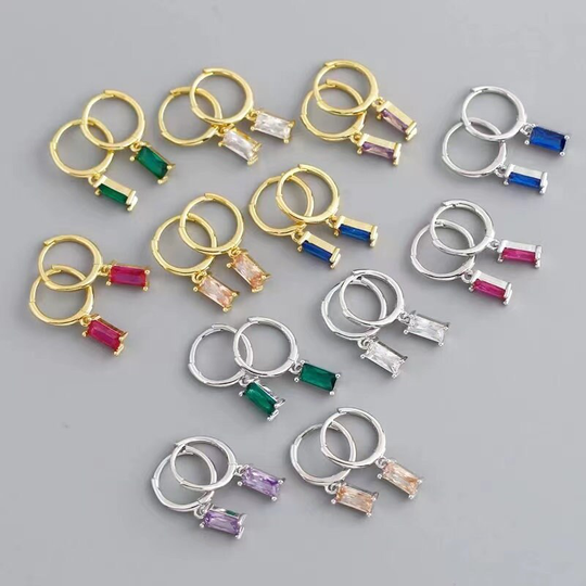 Gold Plated 925 Sterling Silver Huggie Baguette Cubic Zirconia Drop Hoop Cz Earrings For Women, Dainty Earrings, Minimalist