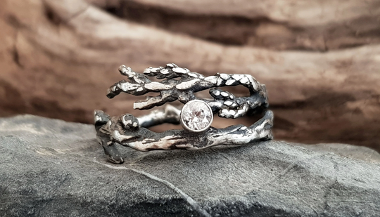 Twig Zircon Ring, Branch Gemstone Crystal Elf Leaves Juniper Leaf, Elvish, Fantasy, Promise Natural Wedding
