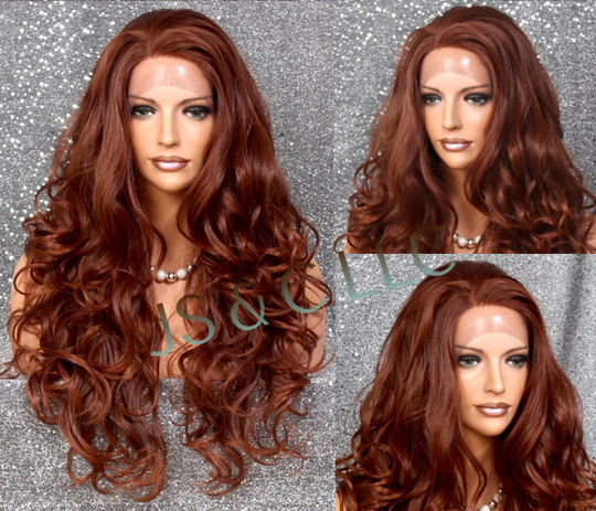Human Hair Blend Lace Front Wig Layered & Wavy/Curly Medium Dark Auburn Mixed Heat Ok Cancer/Alopecia/Cosplay