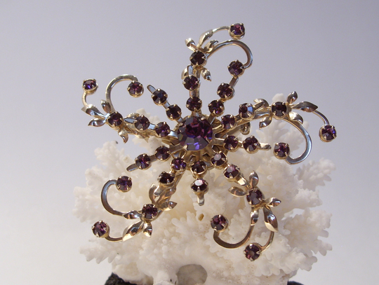 Vintage Purple Rhinestone Brooch Pin Pendant, Free Shipping Usa, Large Stylized Snowflake Brooch, Great Gift