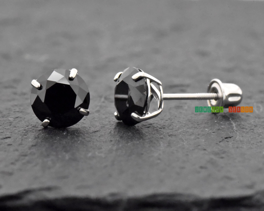 14K White Gold Black Cz Studs Screw Back Earrings | 3mm 4mm 5mm 6mm Simulated Onyx Girls Womens Pair