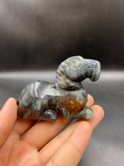 Old Chinese Celadon Jade Carved Into A Model Of Ram, Lying With All Four Legs Folded Underneath
