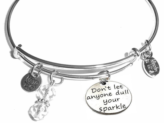 Don't Let Anyone Dull Your Sparkle Expandable Message Charm Bangle Cuff Bracelet, Comes in A Gift Box