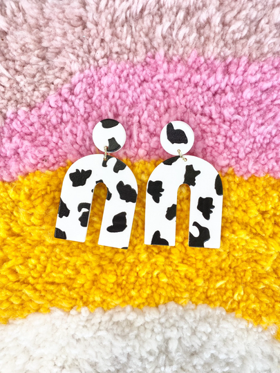 Cow Print Earrings; Lightweight Acrylic Arch Earrings With Cute Black & White Cow Design