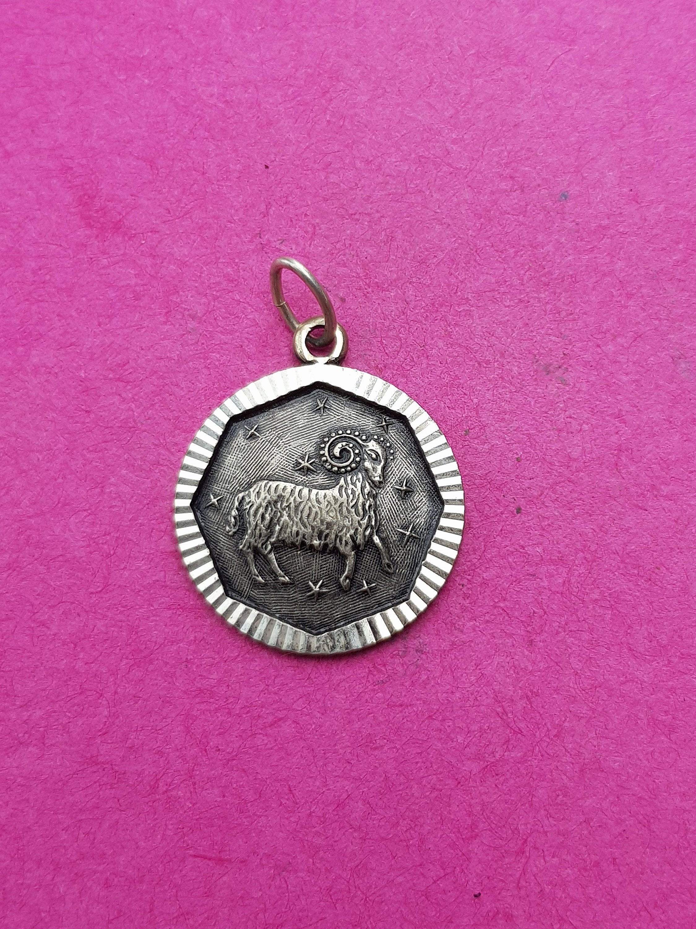 Vintage Silver | Marked Zodiac Constellation Medal Pendant Necklace Medaillon Medallion Charm Astrology Amulet Talisman Sign Of Aries, Ram