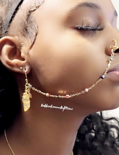 Quartz Evil Eye Protection Crystal Nose Cuff Chain Earring Set