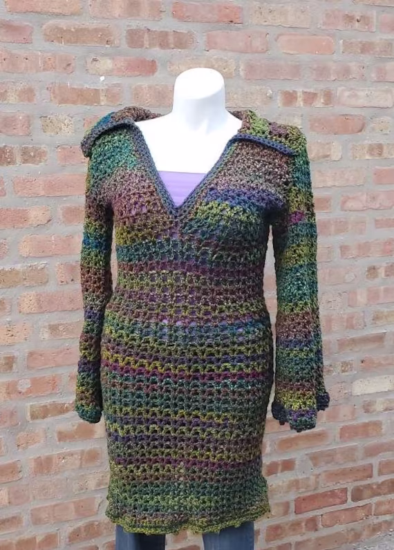 Crochet Pullover Sweater - Cardigan Green & Purple Blend