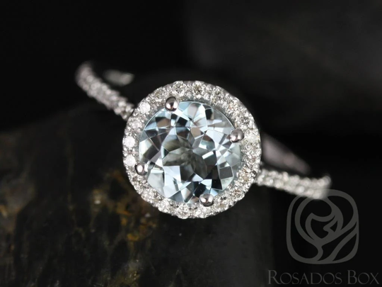 7mm Round Aquamarine Diamonds Thin Pave Halo Engagement Ring, 14Kt White Gold, Kubian