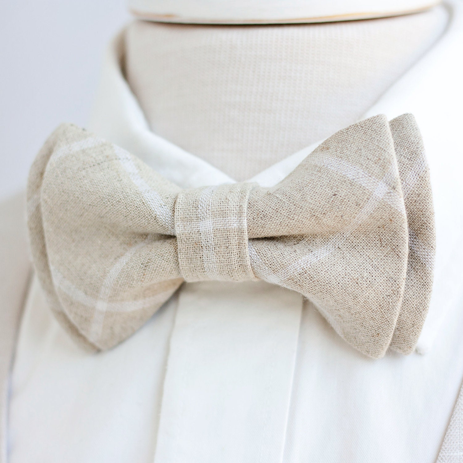 Bow Tie, Mens Bowtie, Bowties, Ties, Groomsmen Wedding Linen, Tan, Linen Tie - Natural Windowpane