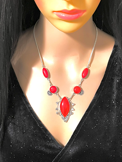Natural, Red Coral, Necklace, in Oxidized Silver, Multi-stone Coral Necklace