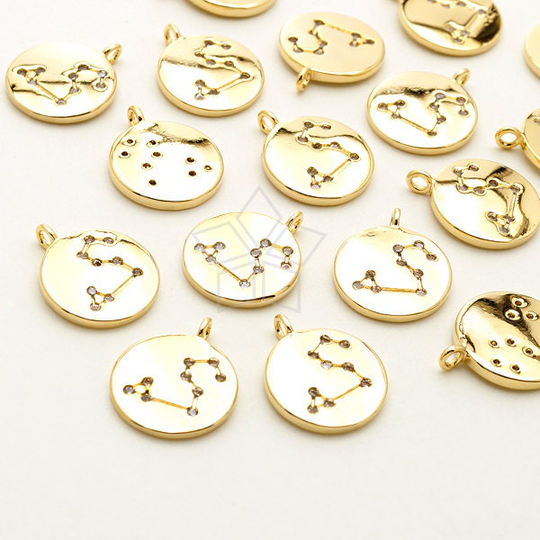 Pd-1858-Gd/2 Pcs - Zodiac Sign Charm, Cz Constellation Pendant, Leo, The Lion, July, August Birthday, Gold Plated Brass 10mm