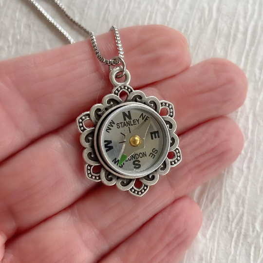 Silver Flower Working Compass Necklace, Compass Jewelry For Woman, Steampunk Necklace, Graduation Gift Her