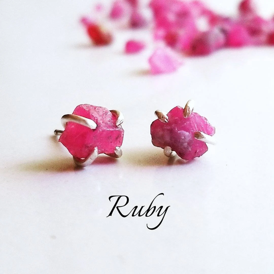 Ruby Stud Earrings | Natural Earth Mined Ruby Ear Studs Raw July Birthstone Uncut Red Rubies