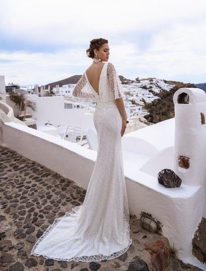 V-Neck Mermaid Wedding Dress, Open Back, Tulle Skirt, Long Lace Train, Bohemian Style, Vintage Style Dress With Sleeves