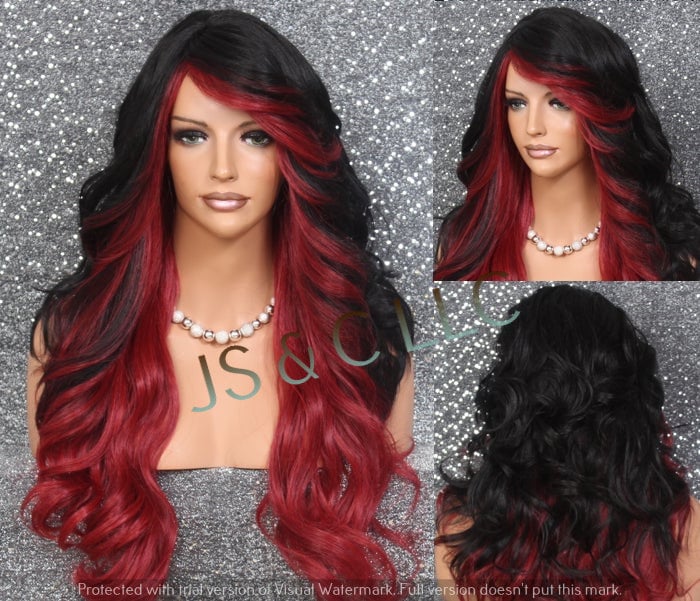 Wow Human Hair Blend Black Red Wine Goddess Full Wig Big Loose Beachy Waves & Full Bangs. Layers Of Hair To Play With Cancer Anime Emo