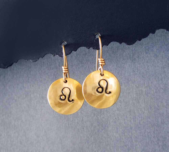 Leo Earrings Gold Tone Brass Dangles Zodiac Sign Astrology Symbol July August Birthday Gift