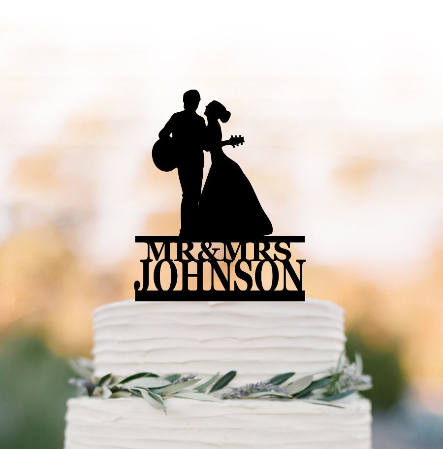 Guitar Player Wedding Cake Topper. Personalized Topper Bride & Groom Silhouette, Music Lovers Wedding Cake Topper, Guitar