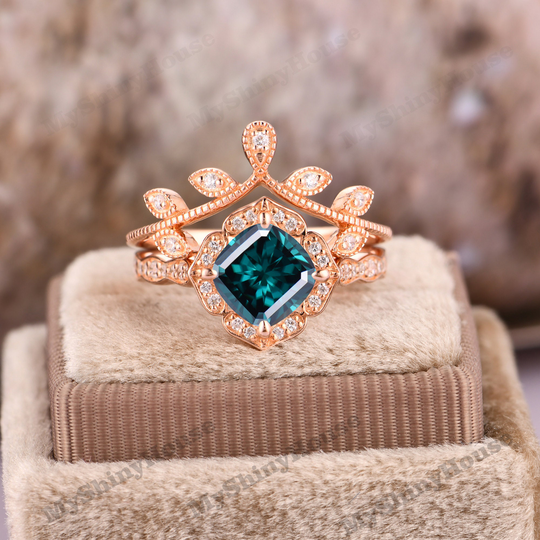 Floral Halo Wedding Ring Set/ Cushion Cut 7mm Blue Moissanite Engagement Ring/ Vintage Bridal 18K Rose Gold Matching Gift For Her