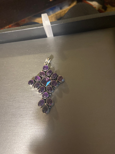 Amethyst Solid Sterling Silver Stylized Cross 3"