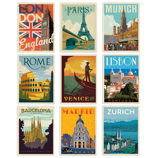 Great European Cities Gloss Vinyl Sticker Set Of 9 Bumper Stickers Retro Travel Luggage Suitcase Memento Decals Souvenir World 3.5 X 5 Inch