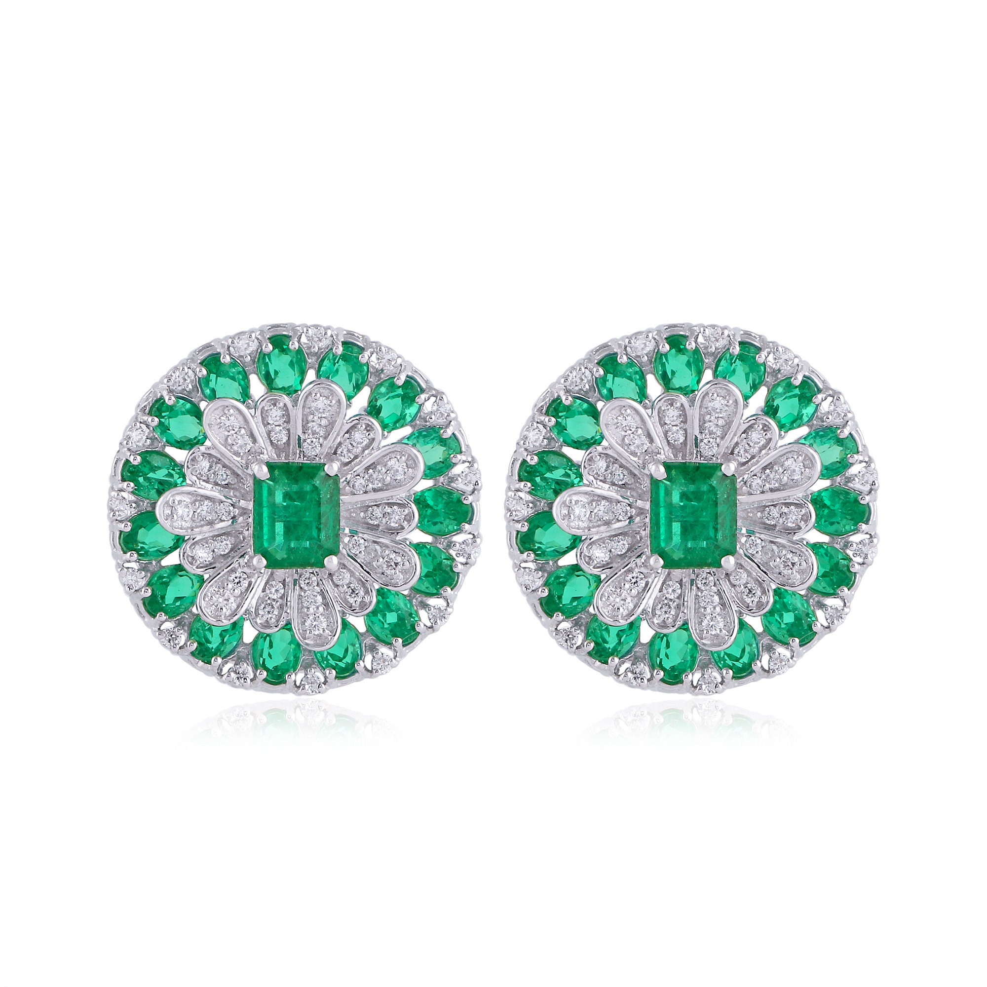 On Sale Emerald Diamond Floral Stud Earrings Cut & Oval Shape Emeralds 14K White Gold Jewelry Anniversary Gifts