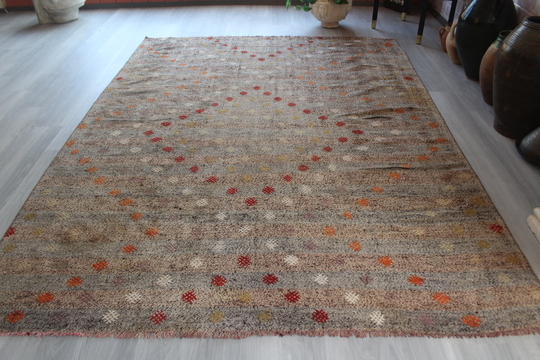 Gray Striped Kilim Rug, Vintage Ethnic Bohemian Kilim, Handwoven/N-605 6'8"x9'3" Feet
