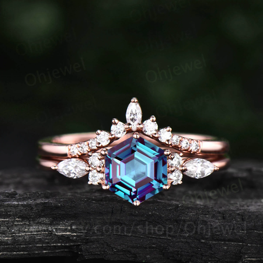 Vintage Alexandrite Engagement Ring Set Rose Gold Hexagon Cut Marquise Moissanite Dainty Wedding For Women Jewelry