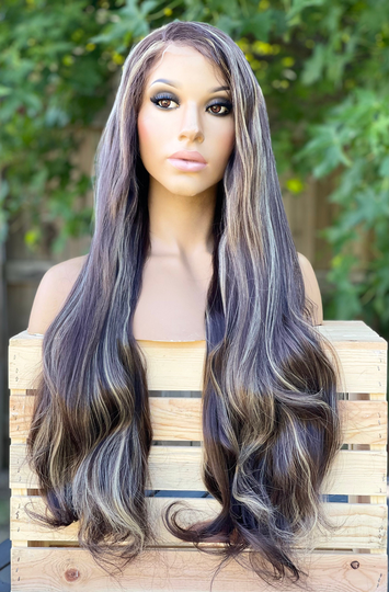 Human Hair Blend Wig Brown Blonde Highlights 2/27 Wig 13x3" Lace Front 22" Free Parting