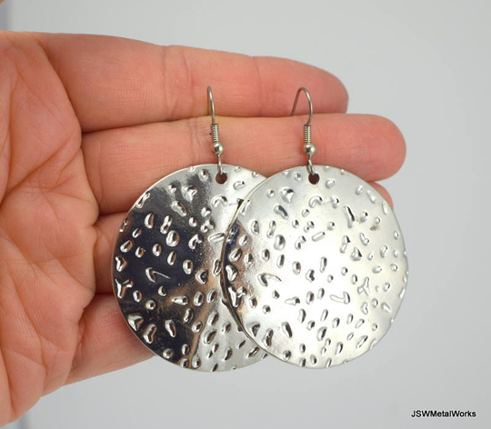 Large Shiny Textured Silver Medallion Earrings, Round Decorative Antiqued Gift Under 30