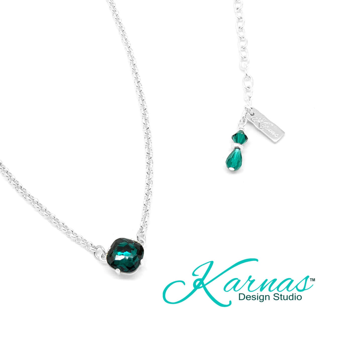Emerald Fantasy Cushion 12mm Fancy Single Stone Necklace Crystal Pick Your Finish Karnas Design Studio Free Shipping