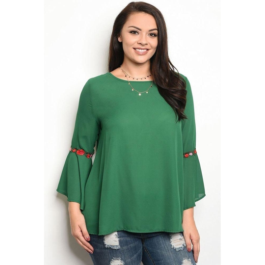Ladies fashion plus size long sleeve acrylic blend top that features bell sleeves and a rounded neckline - 1XL