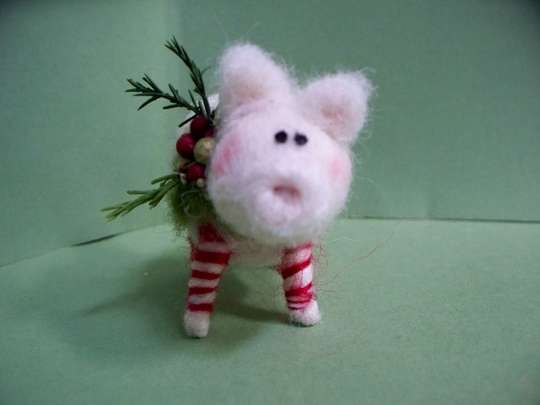 Candycane Piglet Felted Ornament Made To Order....please Check Shipping Time