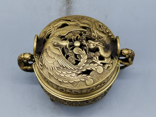 1.42 lb Pure Copper Dragon & Phoenix Aromatherapy Stove/ Bedroom Air Purification Sandalwood Incense Burner Handicraft Decoration