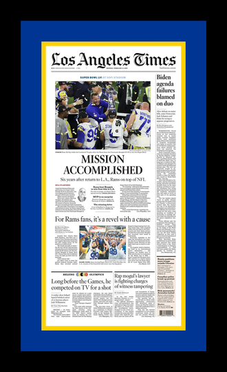 Los Angeles Rams - 2022 Super Bowl Title L.a. Times Newspaper "Mission Accomplished" Double Matted & Framed in Authentic Team Colors
