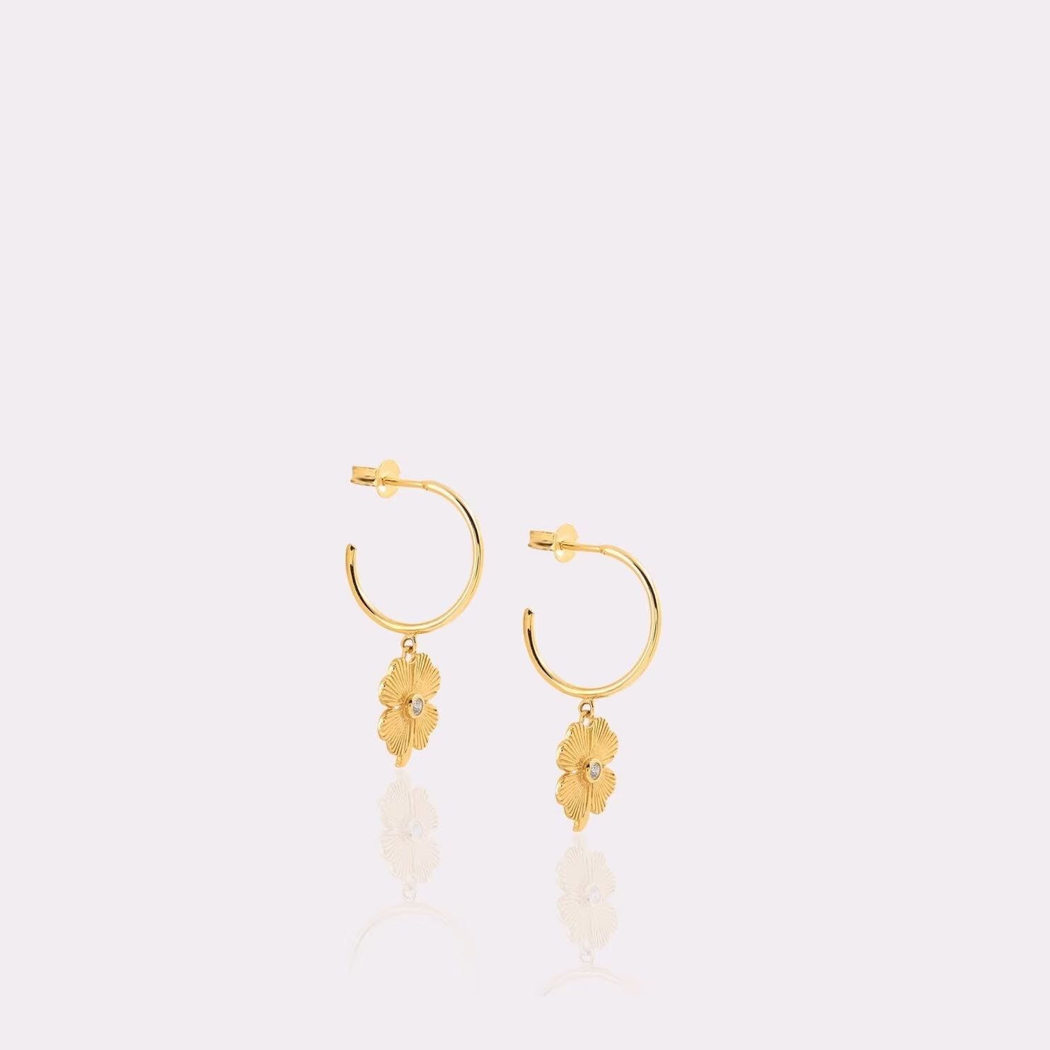 14K Solid Gold Hoop Dangle Clover Earring With Diamond Cut Cz Gemstones | Dainty Pair Good Luck Earrings Half Hoops