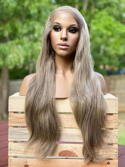 Human Hair Blend Wig 22" Long Lace Front, 13x3" Free Parting Dirty Blonde Brown