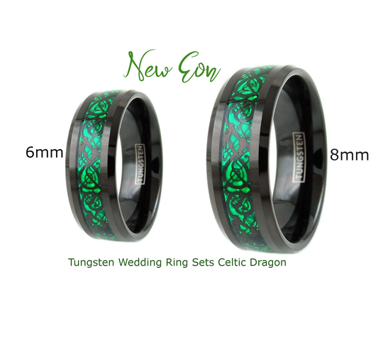 Green Celtic Tungsten Sets, Dragon Rings Set, His Hers, Black And