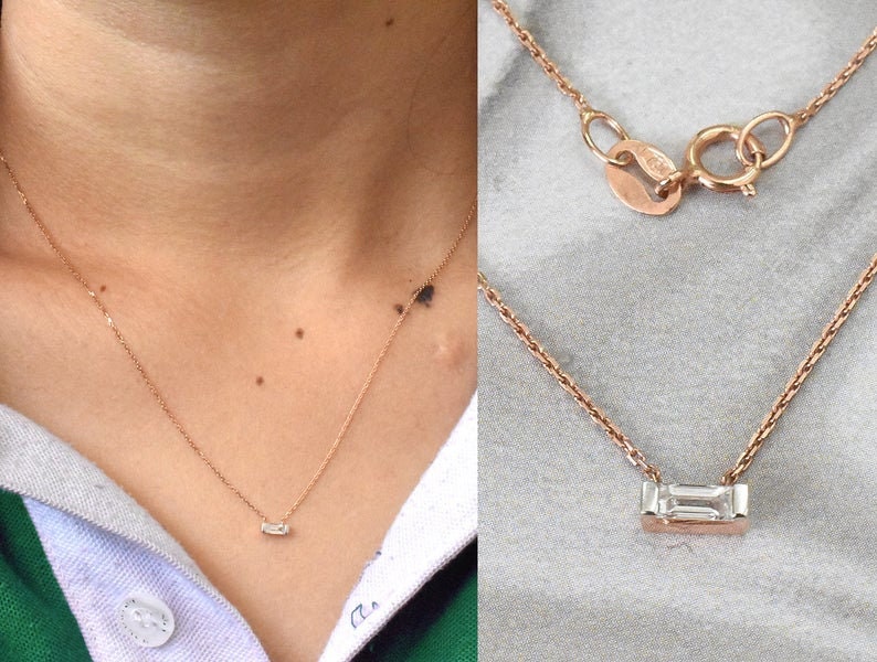 18K Rose Gold/18 Diamond Baguette Necklace Solitaire Valentine Gift Next Day Shipping