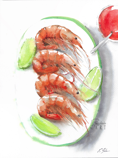 Shrimps Original Watercolor Painting Kitchen Décor Wall Art, 9x12", Unframed