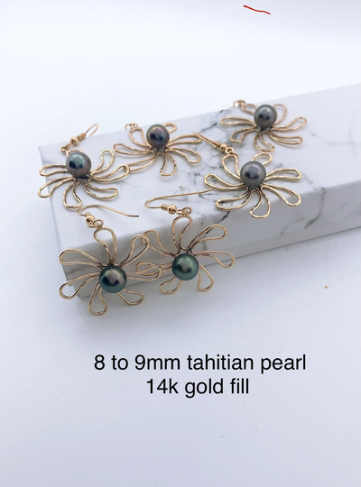 14Kt Gold Fill Hawaii Plumeria Flower Earrings With Tahitian Pearls 9mm