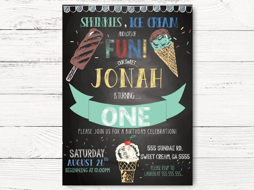 Ice Cream Birthday Invitation Boyl First Birthday, Personalized Social Invitation, Boy 1st Cards, C076