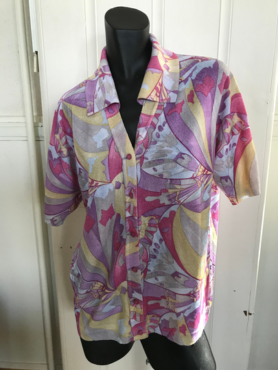 Vintage New Zealand Arnel Printed Glengyle Collared Cardigan Pink Purple Psychedelic, Made In