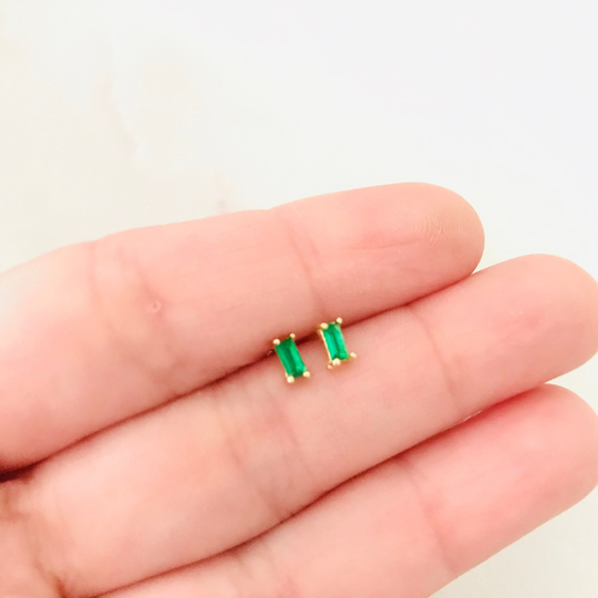 Tiny Baguette Studs, Minimalist Stud Earrings For Women, Small 925 Silver Earrings, Geometric Green Zirconia Studs