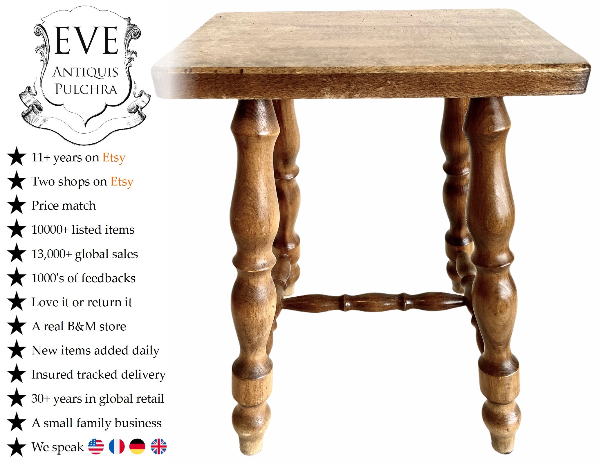 Vintage French Bench Stool Small Table Wooden Wood Chair Seat Side Stand Flower Pot Plinth Display Shelf Prop Tabouret C1960-70's/Eve