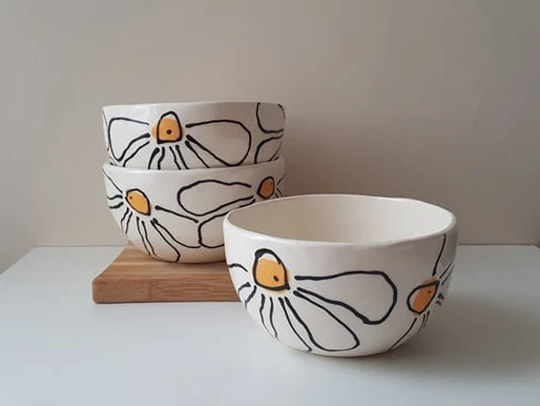 Handmade Ceramic Bowl, Pottery Bowls, Flower Decorated White Ceramics, Soup Deep Bowl