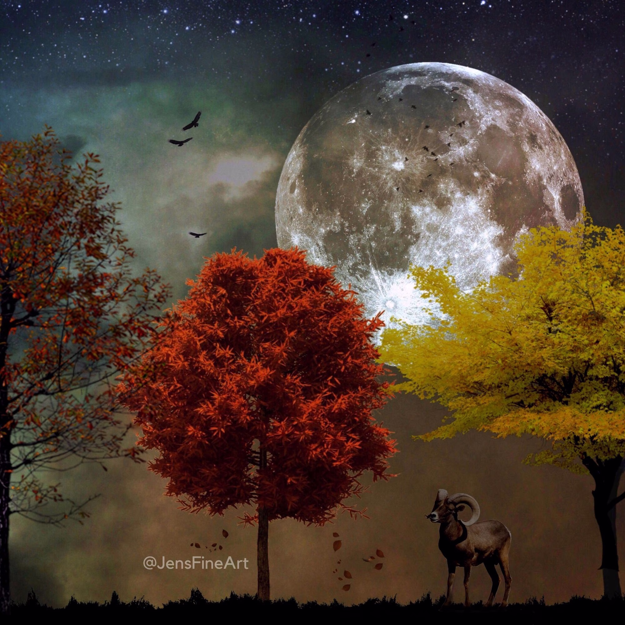 The Ram Print - Full Moon Photo Zodiac Surreal Gothic Autumn Decor Astrology Ram Art Goat Mood Haunting Fall Red Fire Sign Harvest Leaves