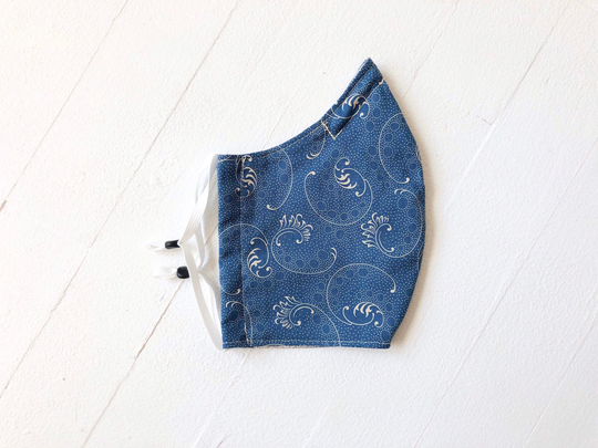 Blue Calico Print Cotton Mask, Large Adult Size, Men With Beards, Hearing Aid Compatible, Adjustable Straps, Cool + Chic, Flexible Nose Wire